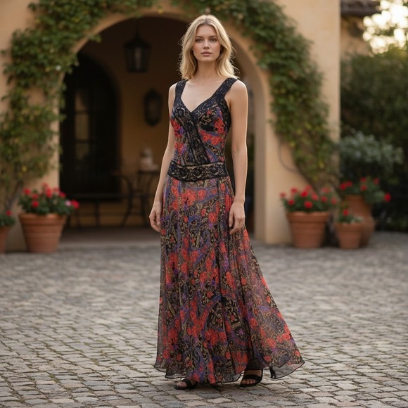 Victoria's Secret Other - Vtg Victorias Secret ? 1990s Satin & Sheer Chiffon Floral Paisley Lace Maxi Slip